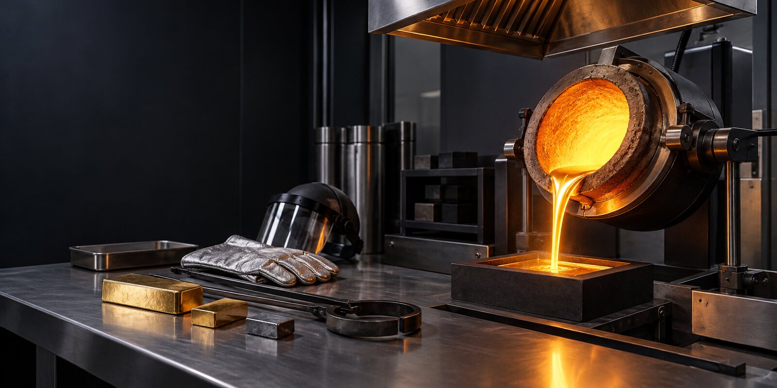 Controlled precious-metals melting process with ventilation and protective equipment