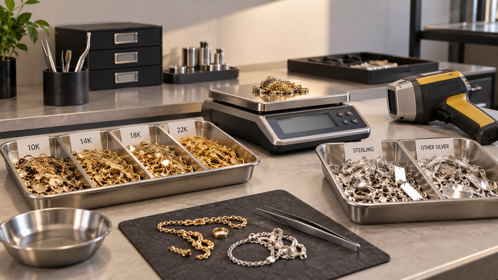 Organized gold and silver scrap evaluation with a precision scale and testing equipment